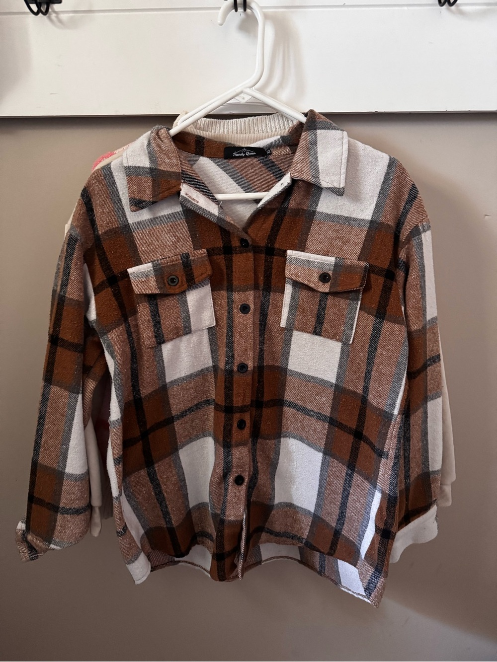 Plaid Button-Up Shacket in Brown and Cream